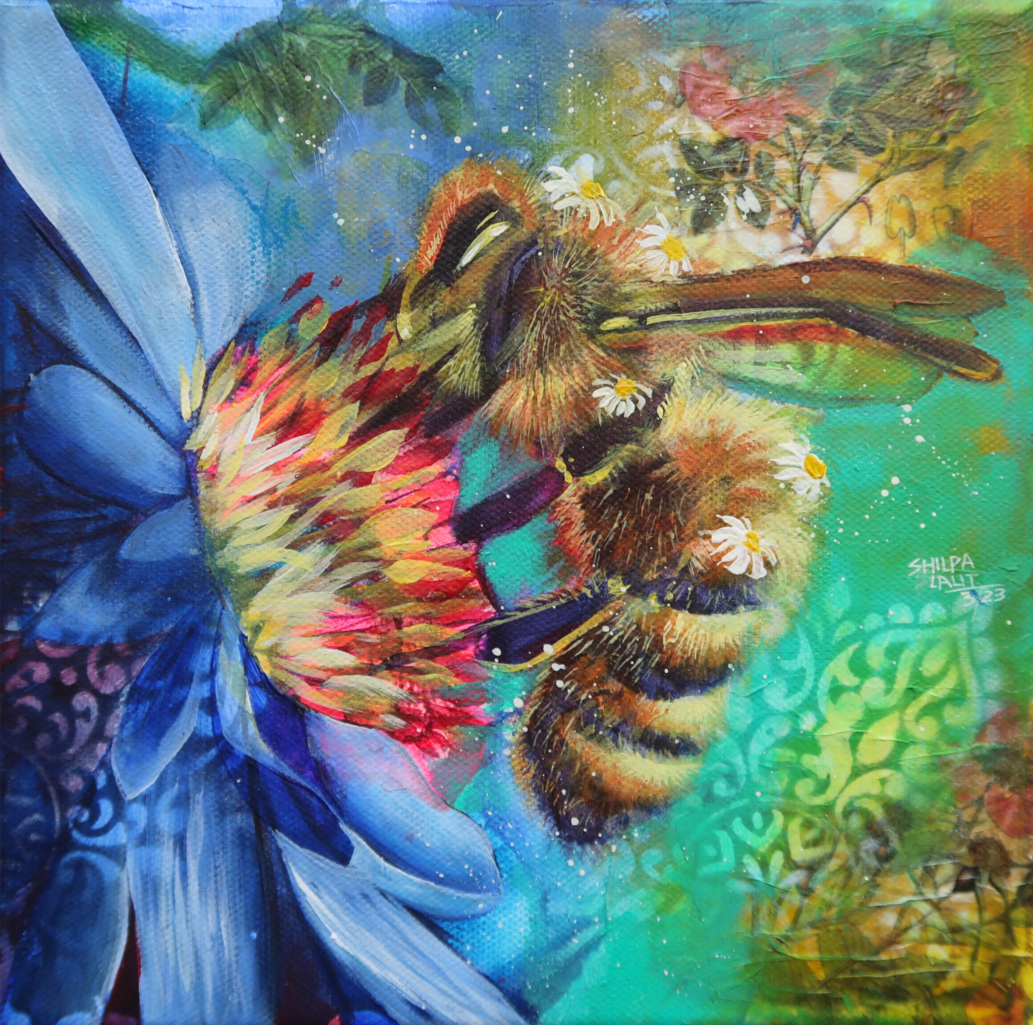 Buzz with the Bees - Lets paint the Queen Bee using Acrylic paints and mixed media on canvas