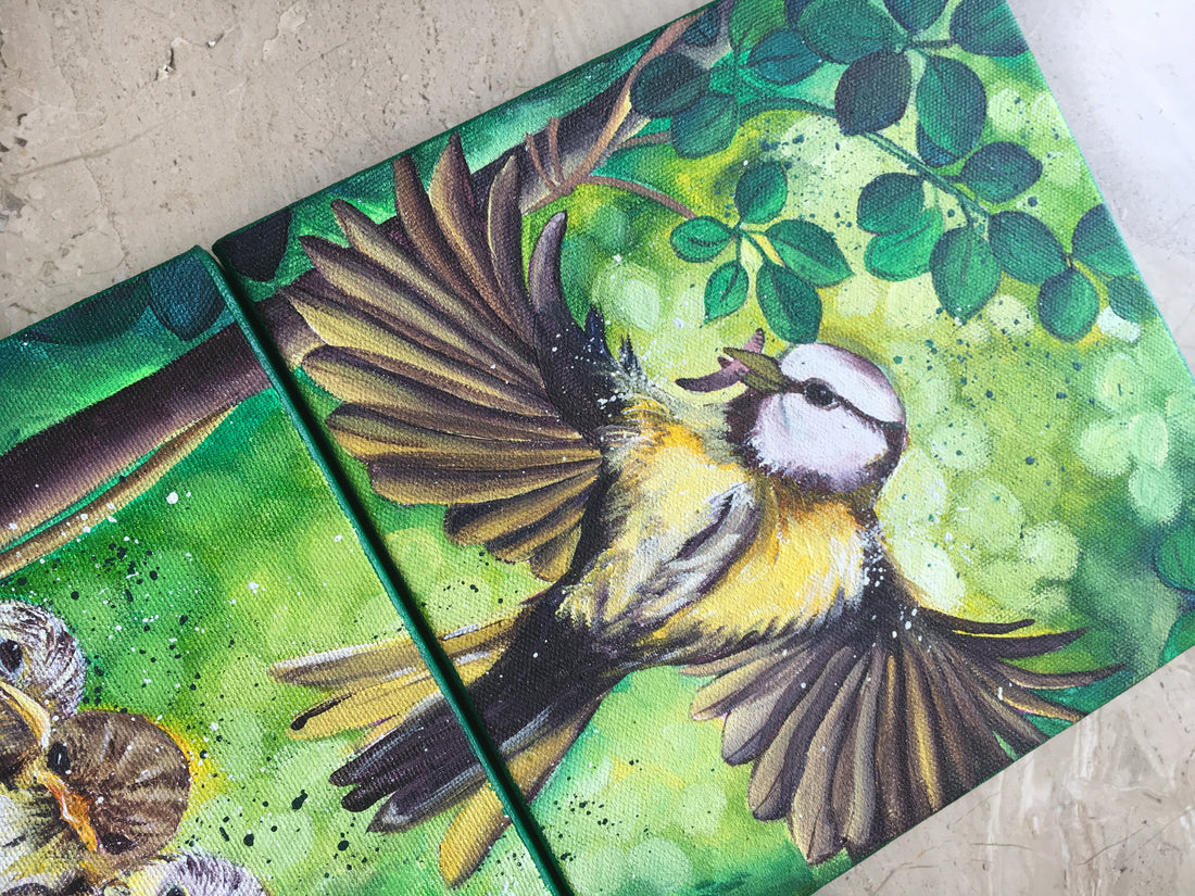 Mother Bird & Baby Birds – Acrylic Painting Tutorial on Two Canvases | Step-by-Step Online Workshop