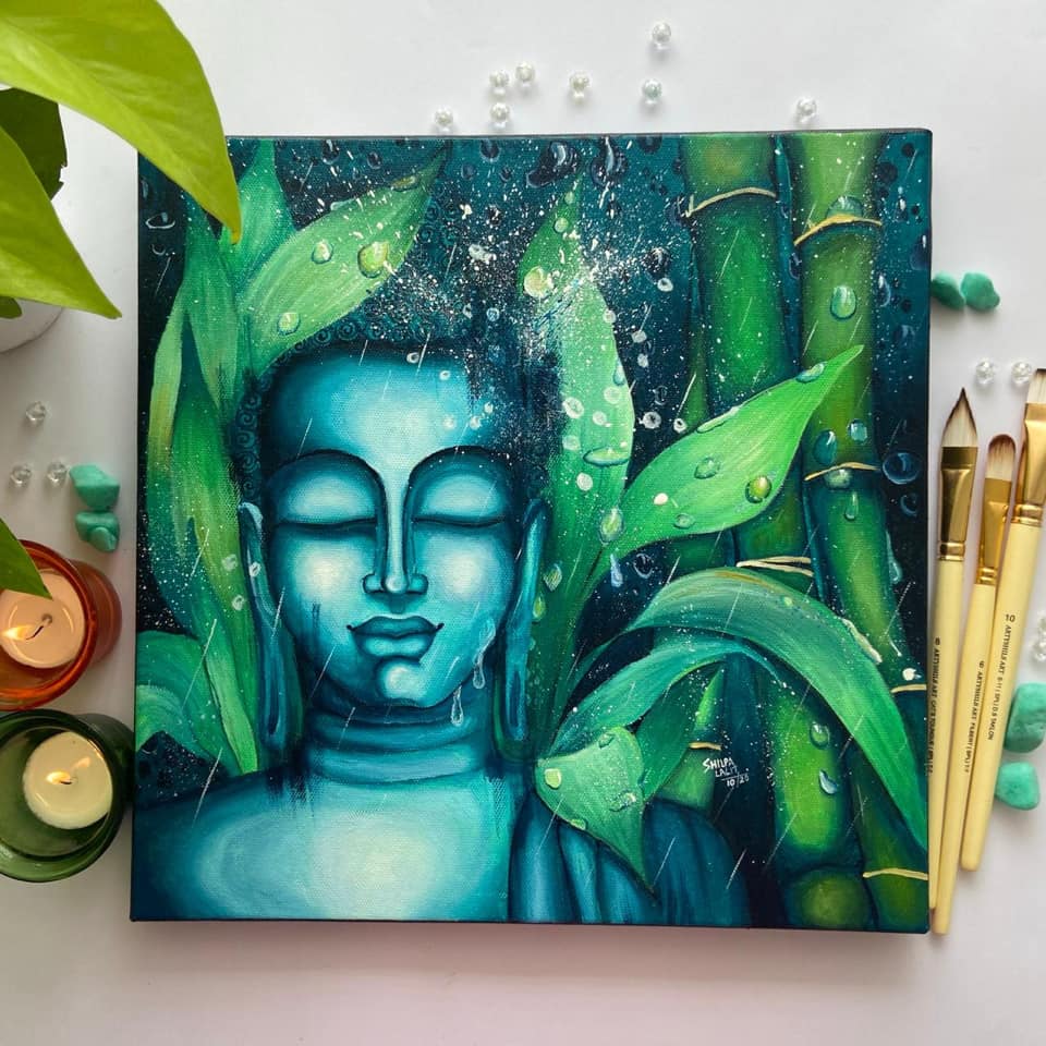 ACRYLIC PAINTING WORKSHOP : PAINT BUDDHA AROUND BAMBOO AND RAIN PAINTING LESSON