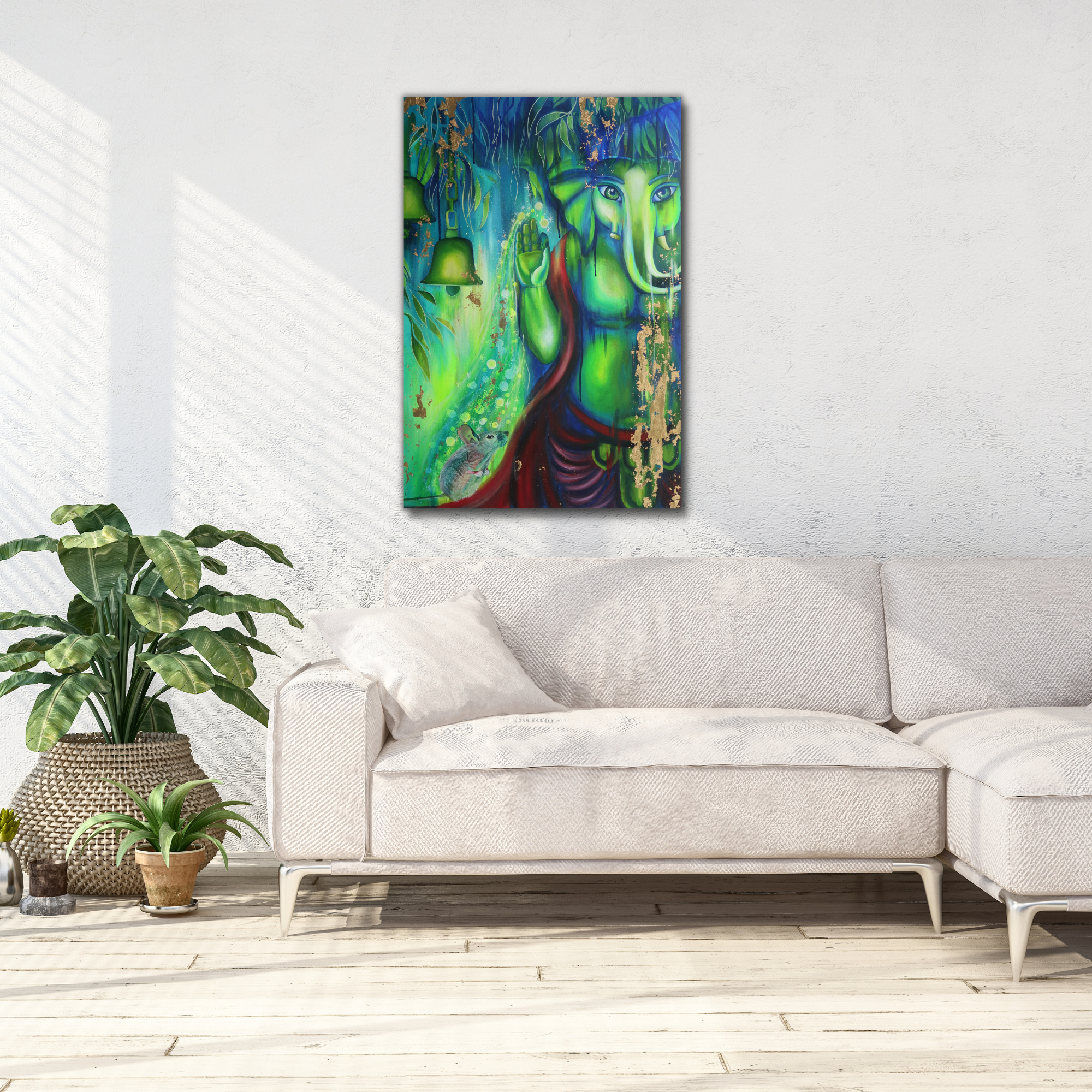 Divine Original Art: Lord Ganesha with Mooshak, His Beloved Mouse for Prosperity and Wisdom