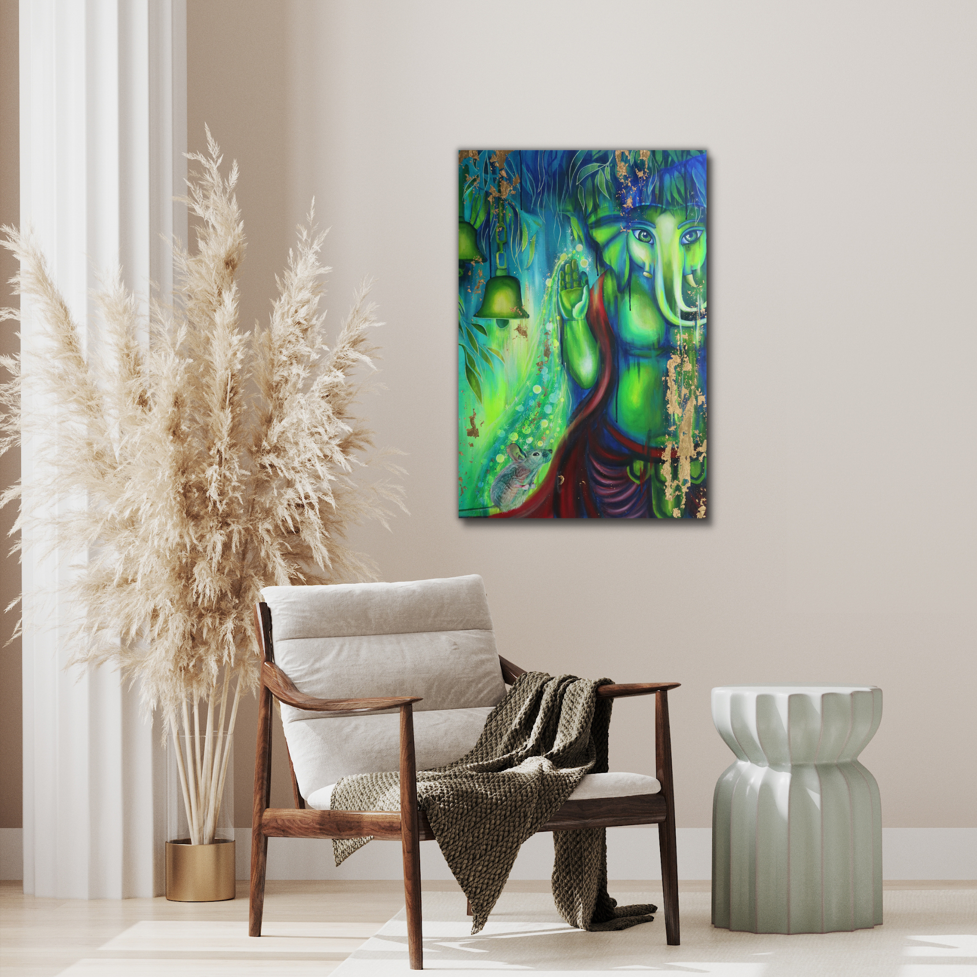 Divine Original Art: Lord Ganesha with Mooshak, His Beloved Mouse for Prosperity and Wisdom