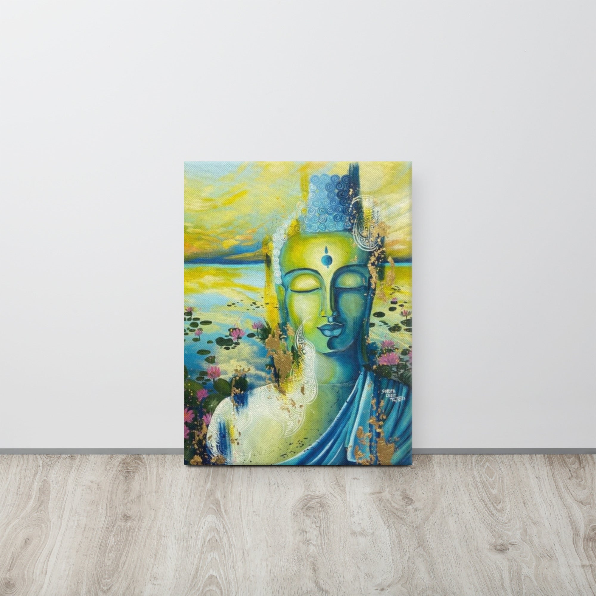 Canvas print :- Calm meditating Buddha around lotus pond