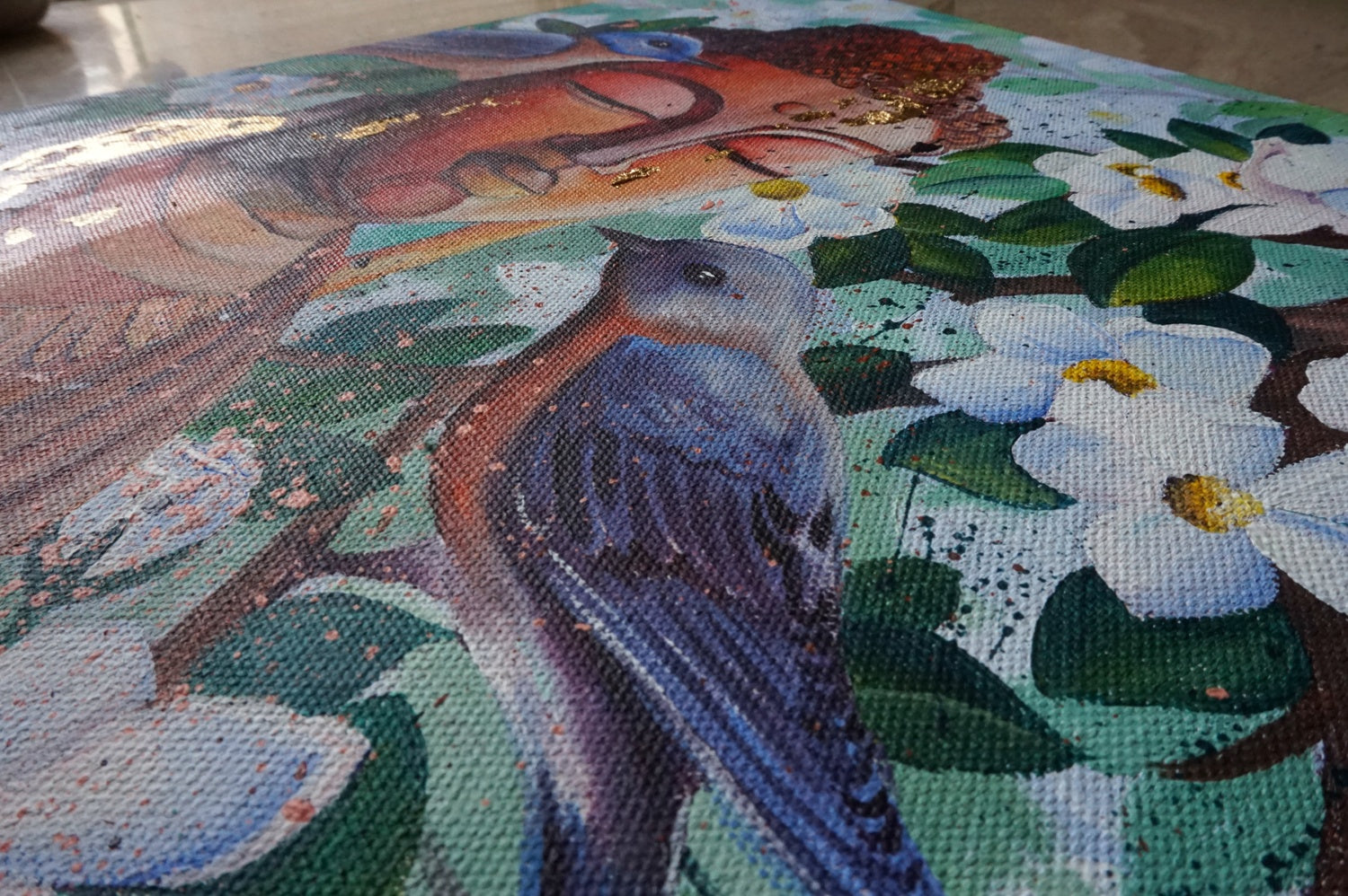 Meditating Buddha with Two Blue Birds : Detailed Acrylic &amp; Gold Leaf Painting Workshop