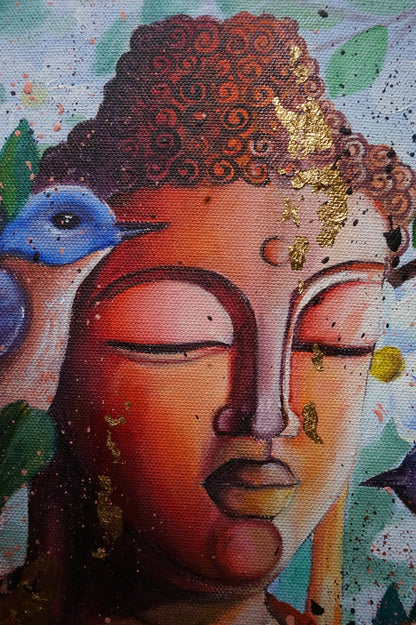 Meditating Buddha with Two Blue Birds : Detailed Acrylic &amp; Gold Leaf Painting Workshop