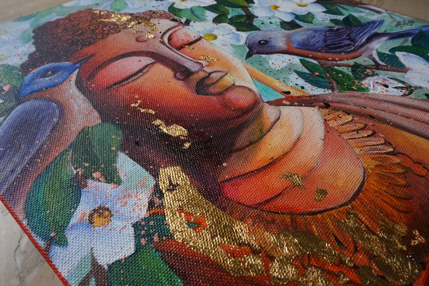 Meditating Buddha with Two Blue Birds : Detailed Acrylic &amp; Gold Leaf Painting Workshop