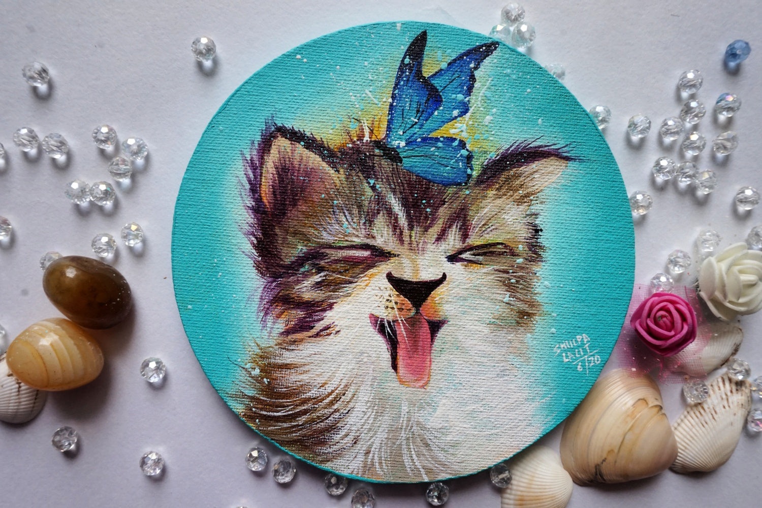 3 Kitties with Butterflies : Detailed Acrylic Painting Workshop on Round Wooden Panels