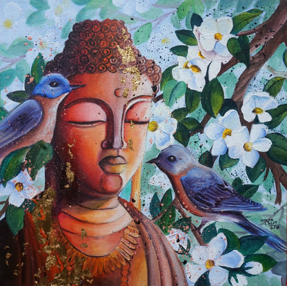 Meditating Buddha with Two Blue Birds : Detailed Acrylic &amp; Gold Leaf Painting Workshop