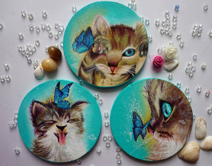3 Kitties with Butterflies : Detailed Acrylic Painting Workshop on Round Wooden Panels