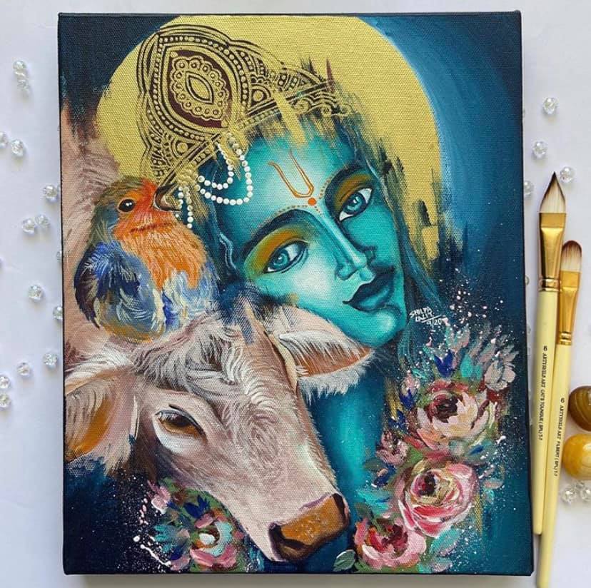 Divine Vibes: Learn to Paint Lord Krishna with the Cow and the Bird using Acrylics on Canvas