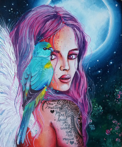 Discover the Angel of Self-Love: Learn How to Paint an Inspiring Portrait with a Bird on the Shoulder using Acrylic Paints