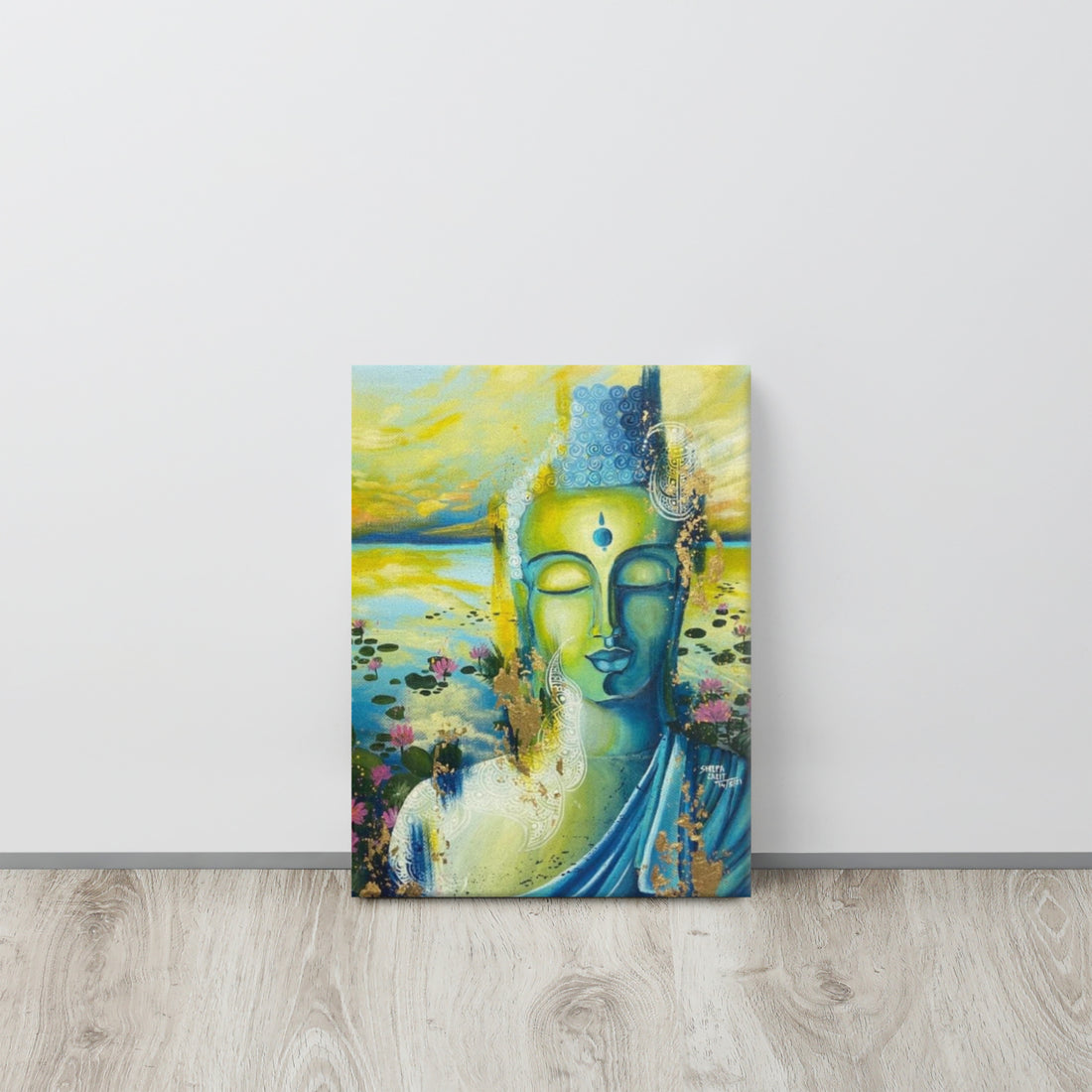 Canvas print :- Calm meditating Buddha around lotus pond