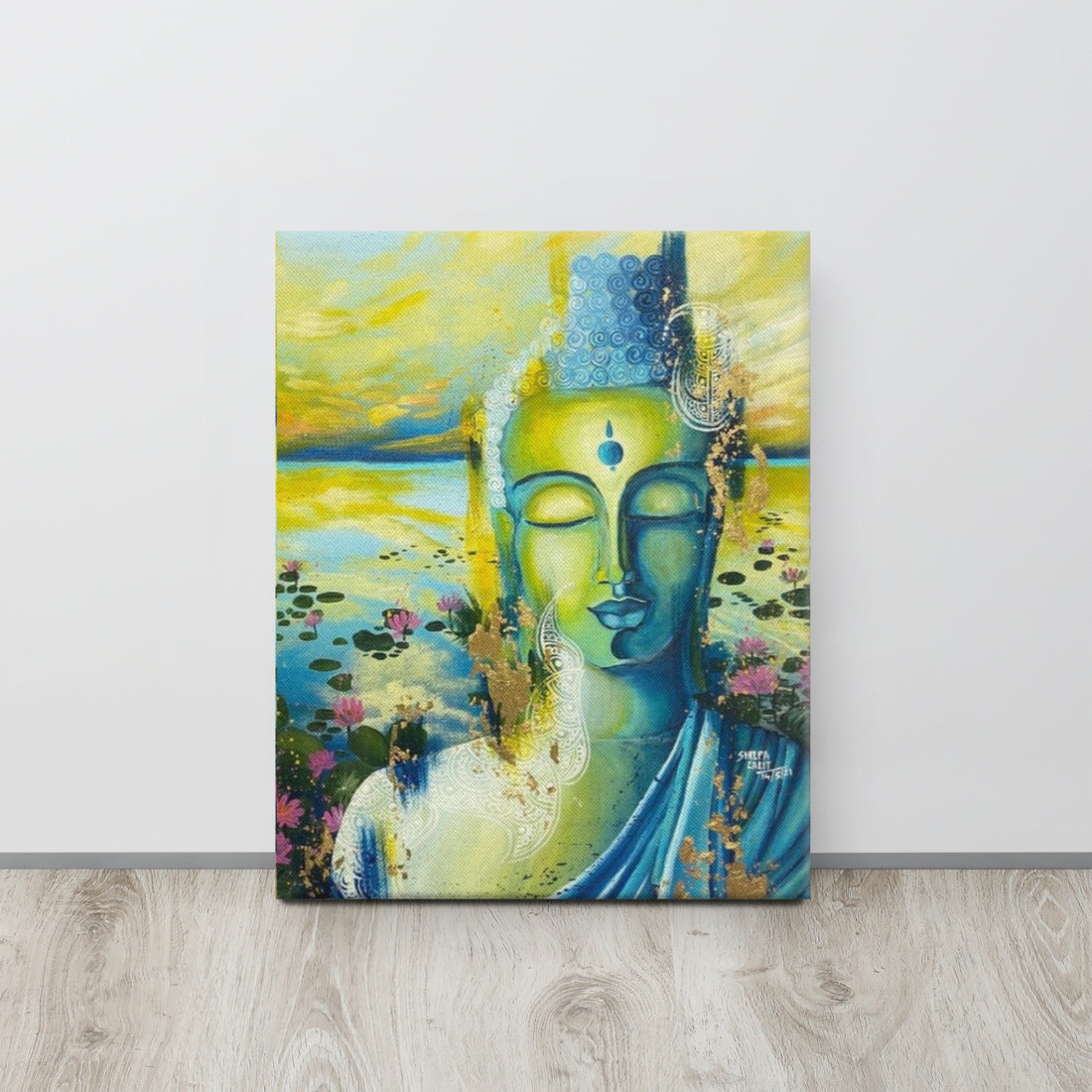 Canvas print :- Calm meditating Buddha around lotus pond