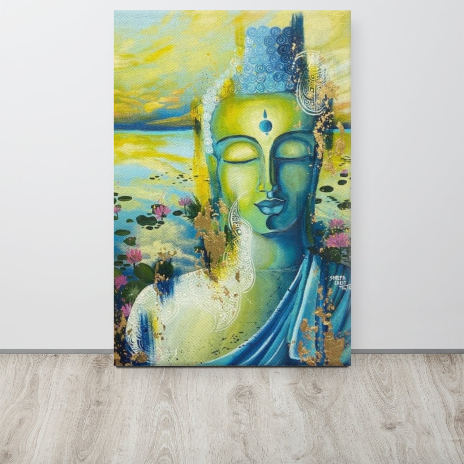 Canvas print :- Calm meditating Buddha around lotus pond