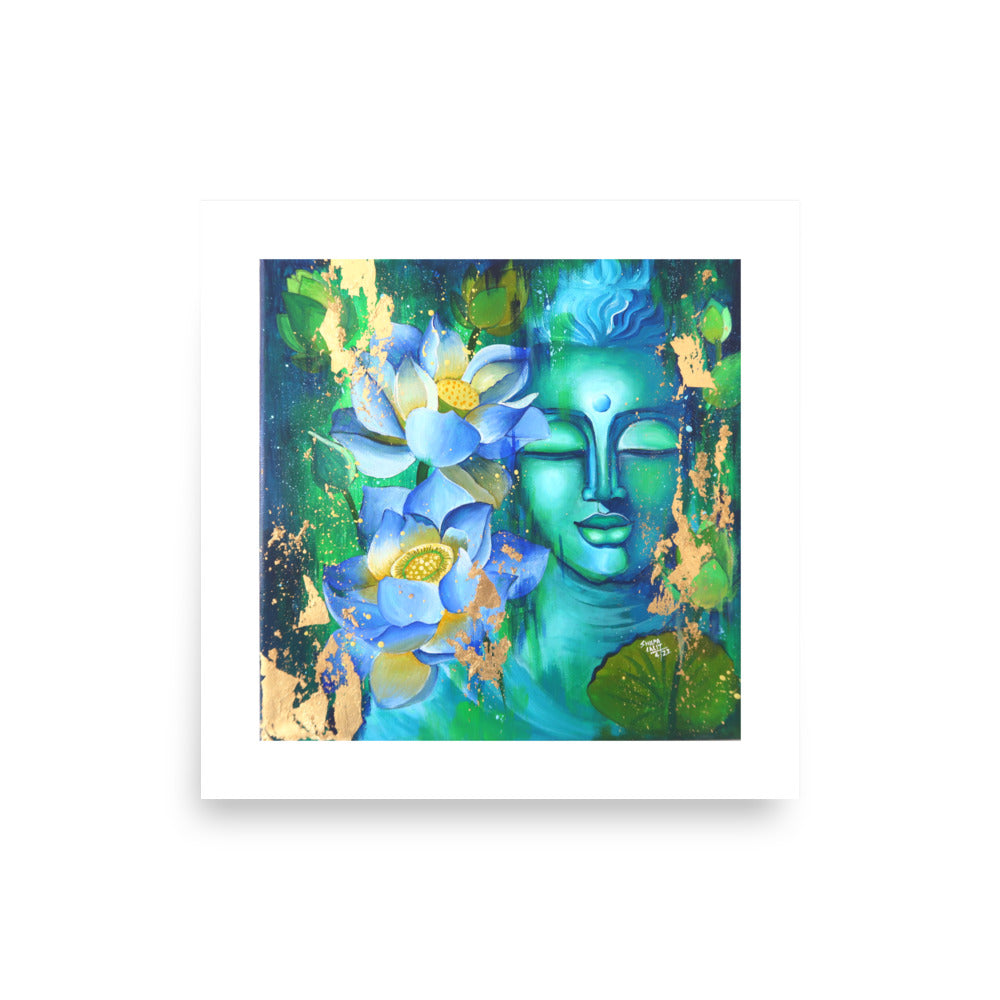 Fine Art Print - Green Blue Buddha with lotuses